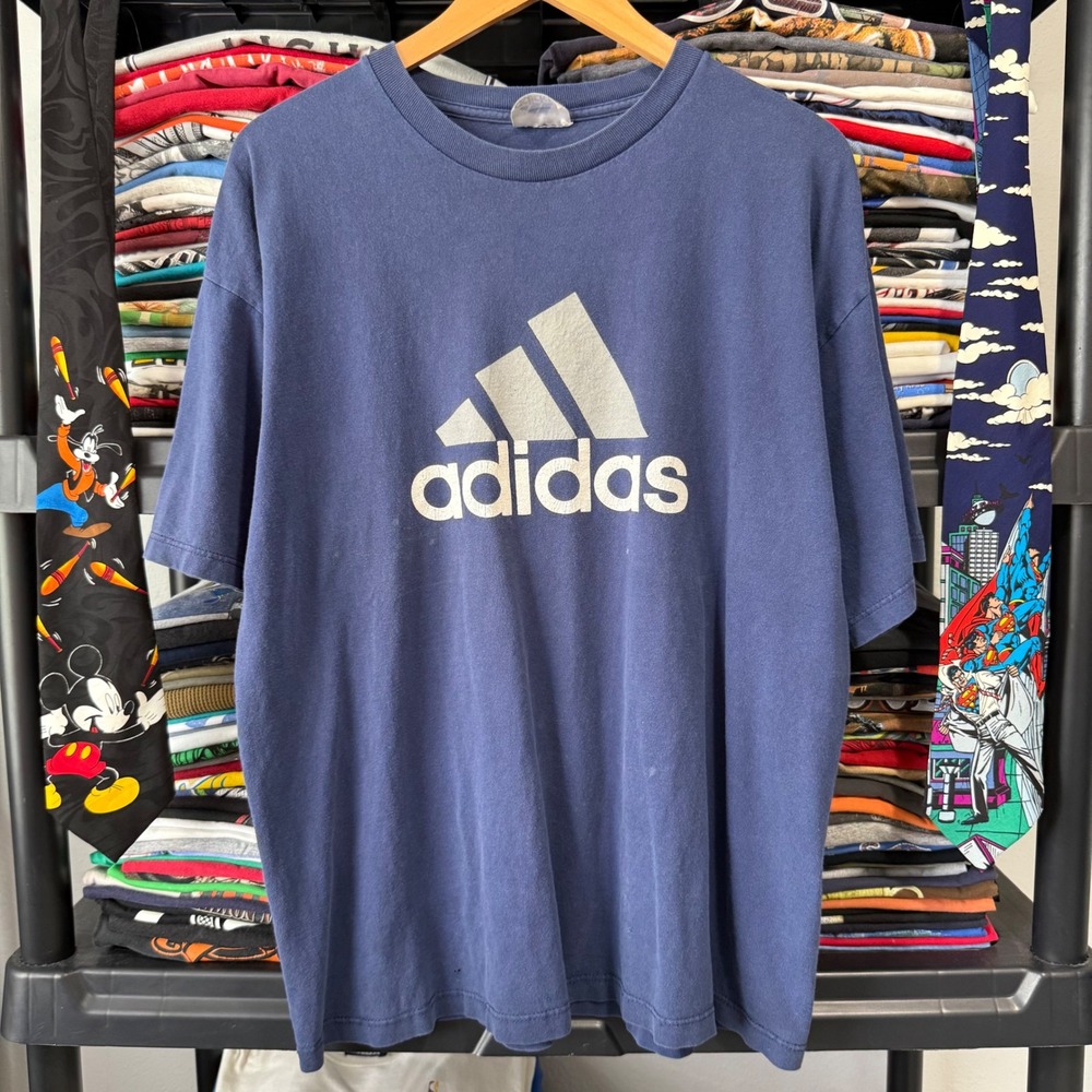 90s Navy Blue Adidas Graphic T-Shirt XL Light Marks
